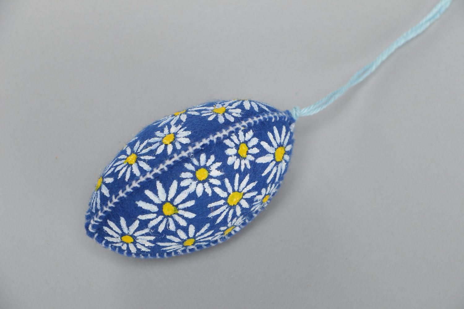Handmade wall hanging Easter egg sewn of bright blue felt painted with flowers  photo 2