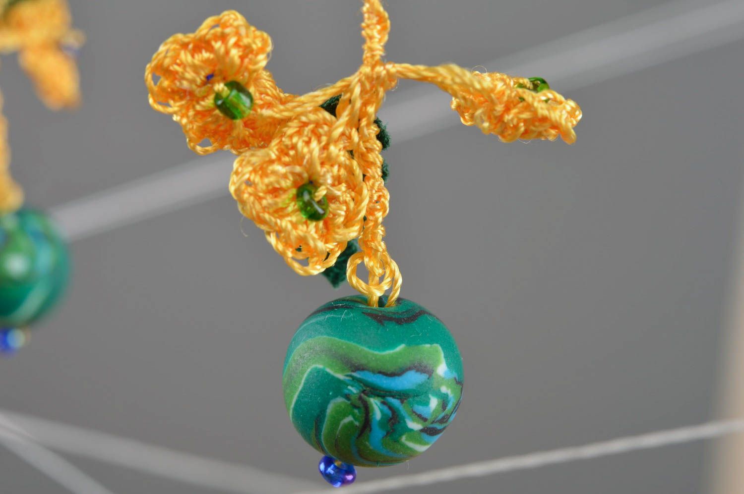 Crocheted earrings with beads long beautiful gentle handmade accessory photo 2