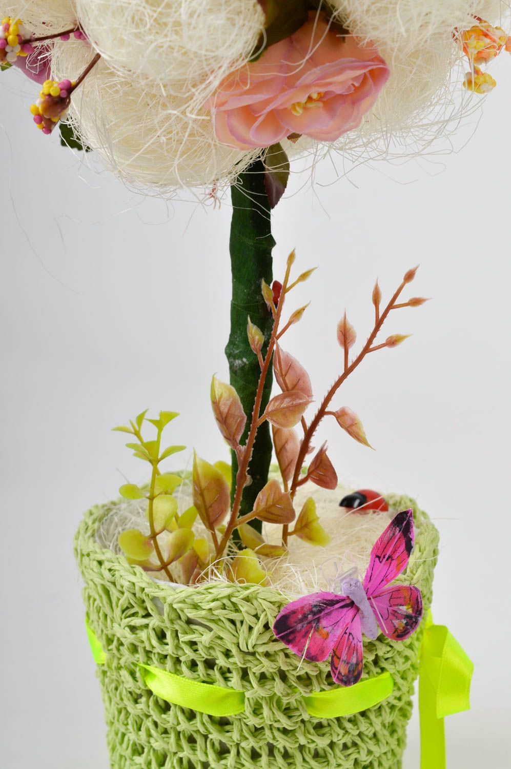 Подарок ручной работы топиарий из сизаля дерево счастья розовое с сиреневым фото 5