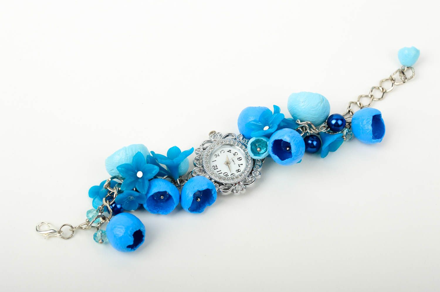 Montre design faite main Accessoire femme bracelet fleurs bleues Cadeau femme photo 4