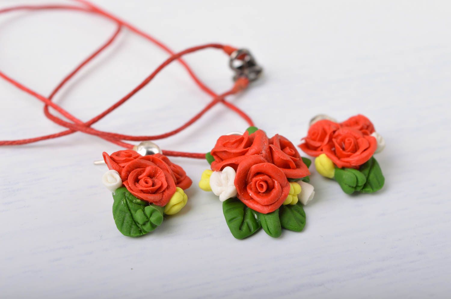 Handmade jewelry set earrings and pendant made of cold porcelain with flowers photo 1