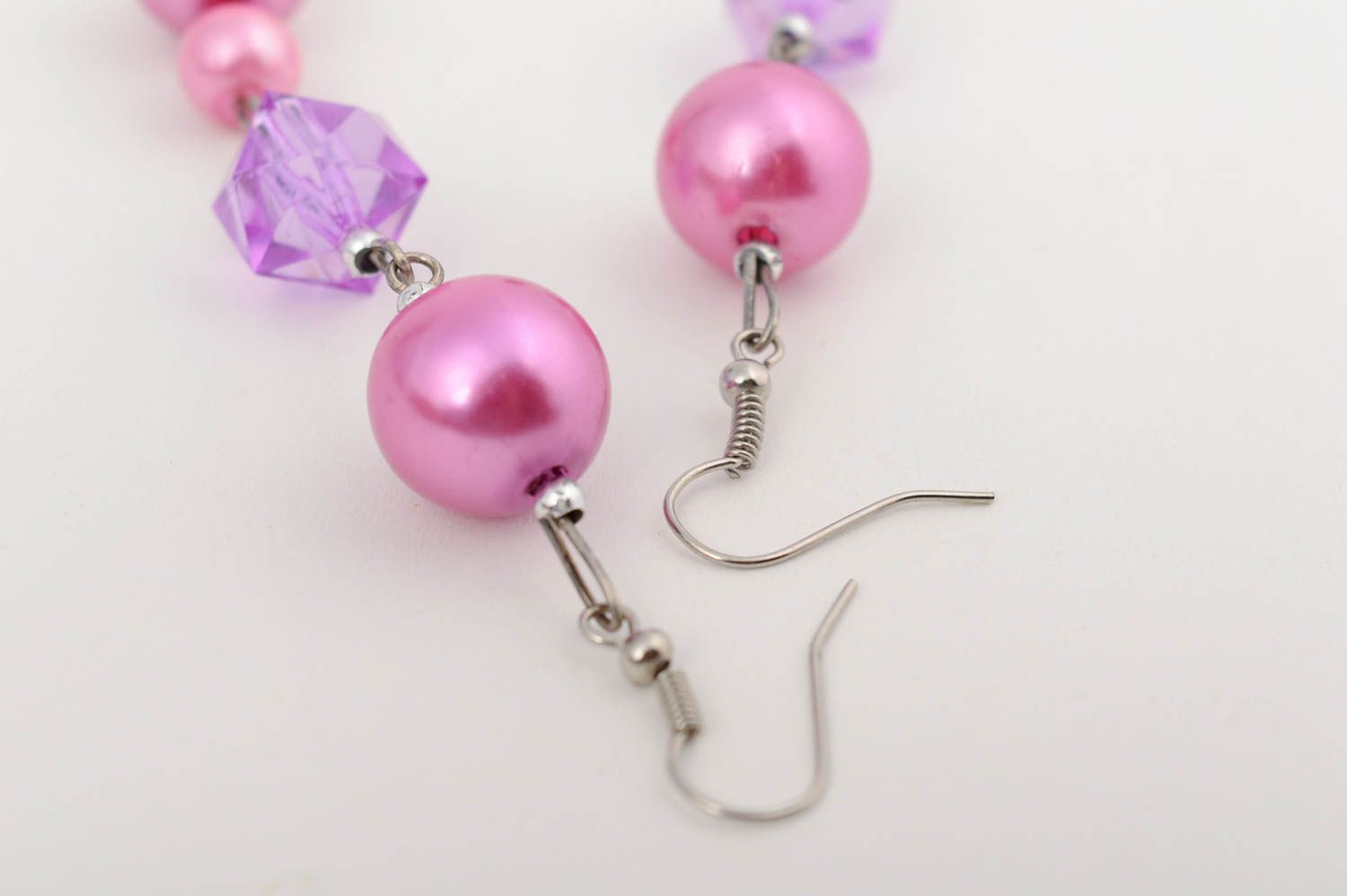 Handmade long dangle earrings with violet ceramic and plastic beads  photo 3