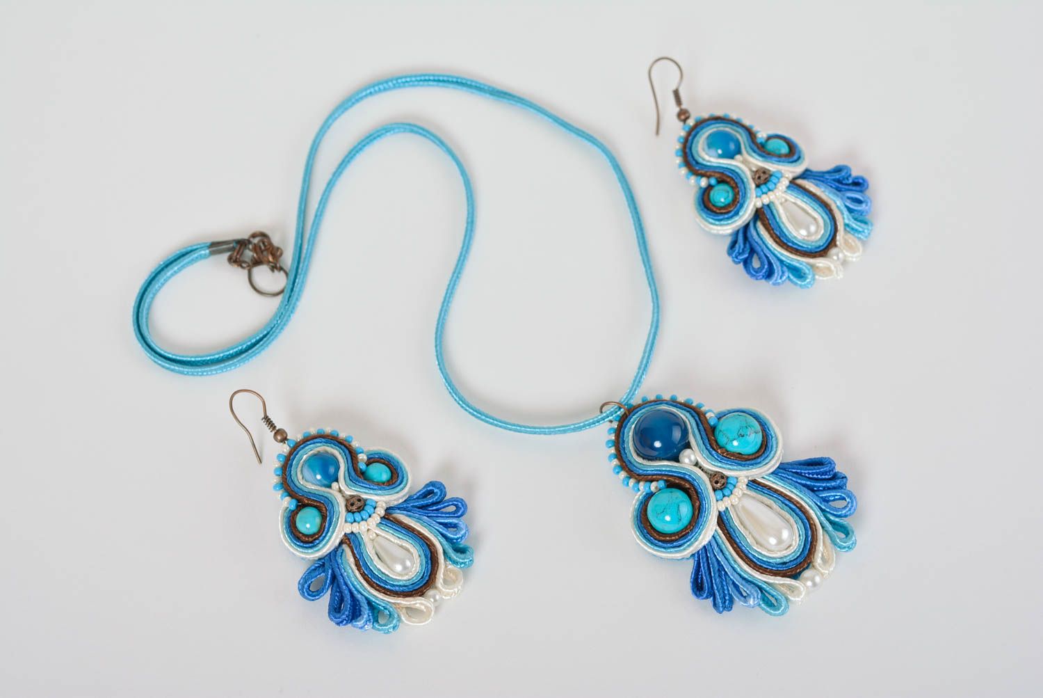 Parure de Bijoux soutache faits main bleus originaux 2 pièces Cadeau pour femme photo 1