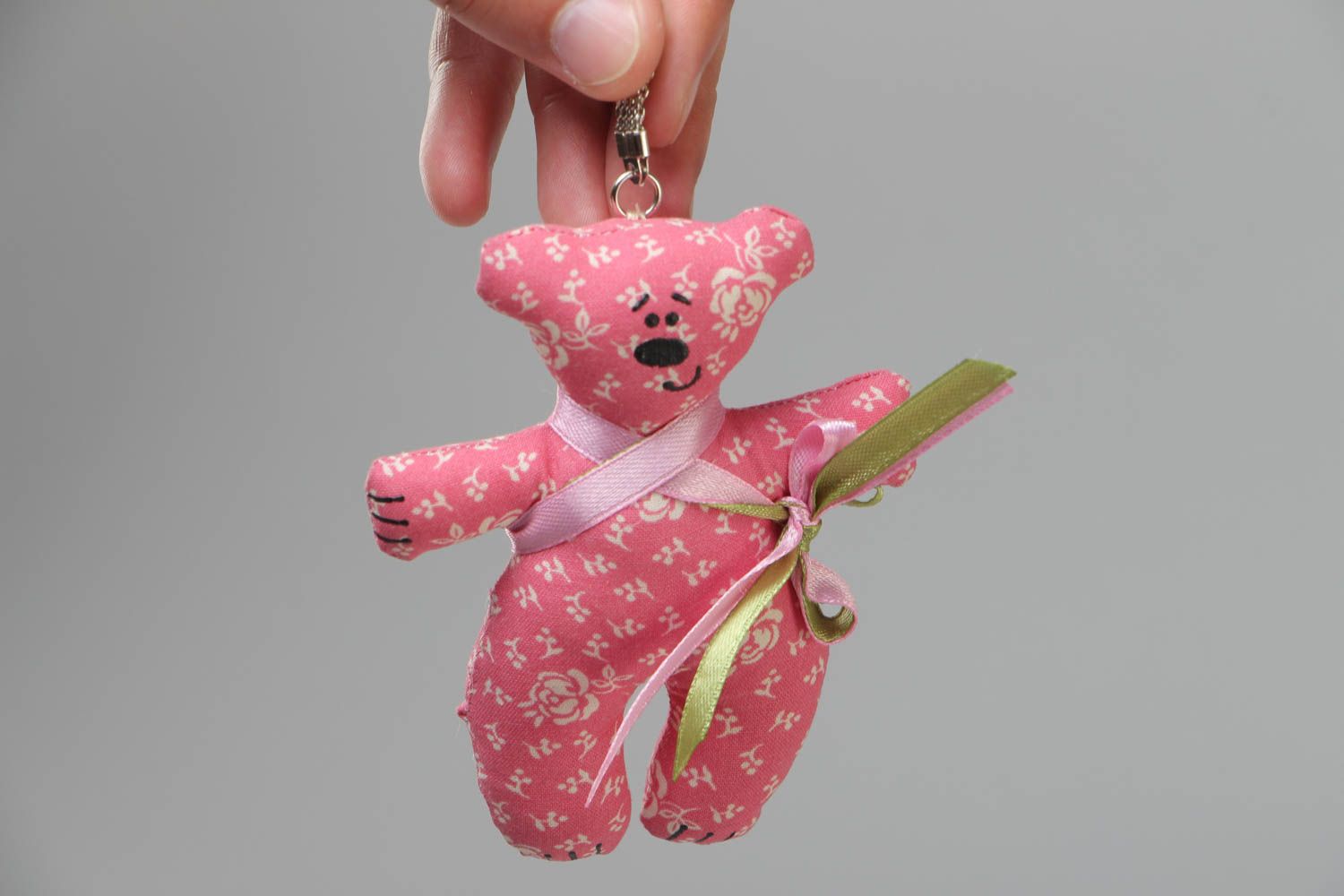 Handmade designer fabric soft keychain in the shape of pink bear photo 5