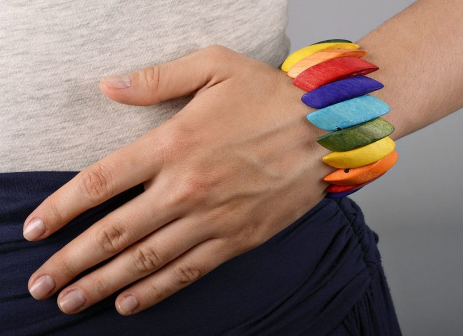 Bright multi-colored wrist bracelet made from wood photo 4