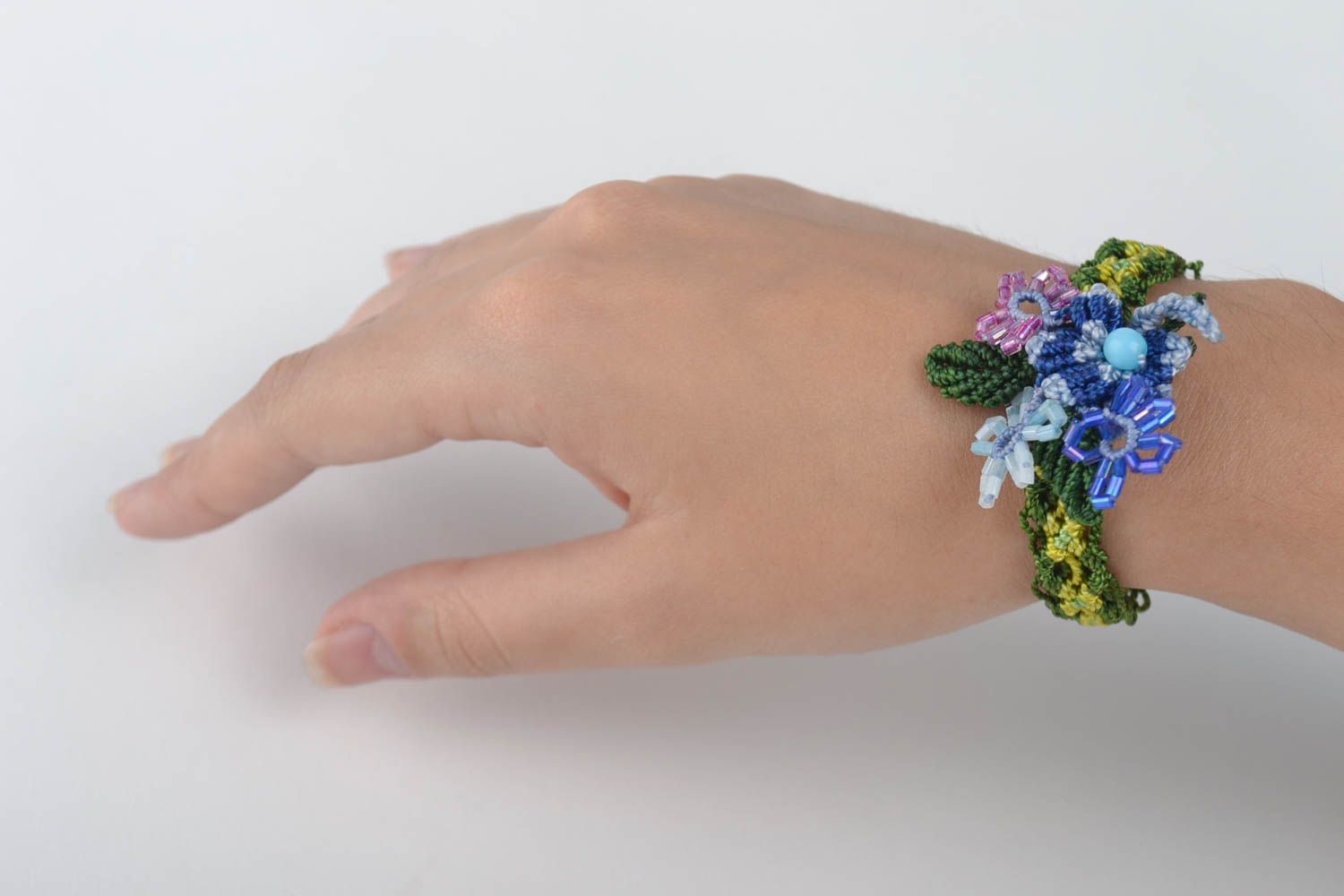 Bracelet vert avec Broche textile faits main tressés macramé Cadeau pour femme photo 5