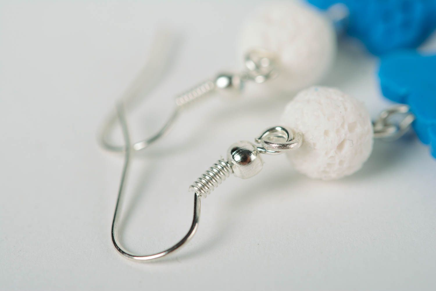 Handmade blue polymer clay dangling earrings with imitation of knitting Bears photo 4