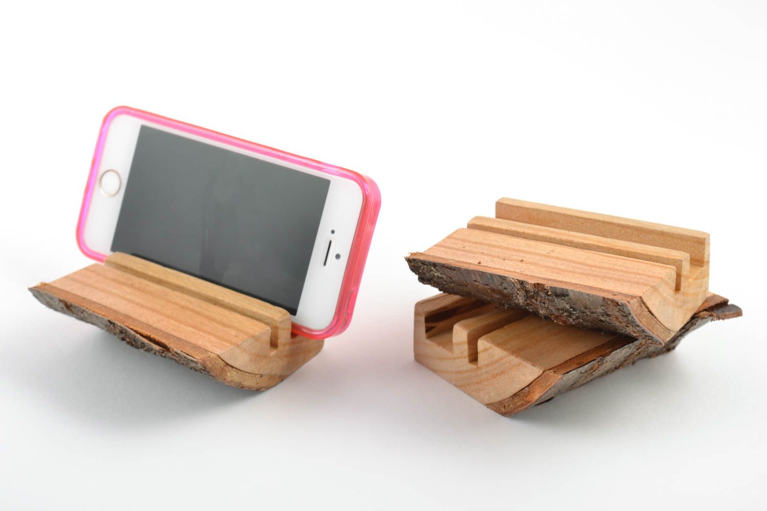 Set of handmade stylish smartphone stands cut out of wood 3 items eco decor photo 1