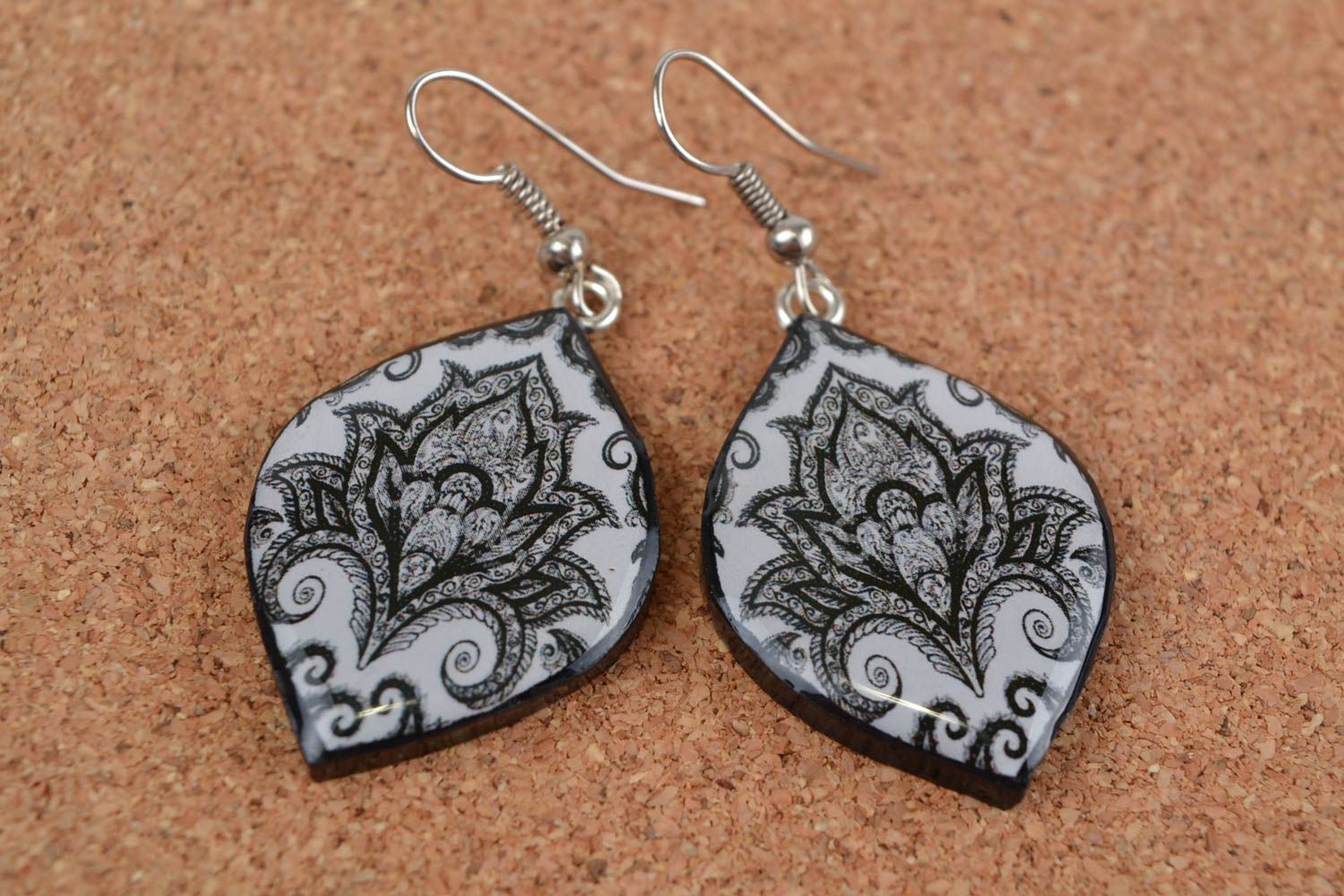 Black and white handmade designer polymer clay earrings with decoupage photo 1