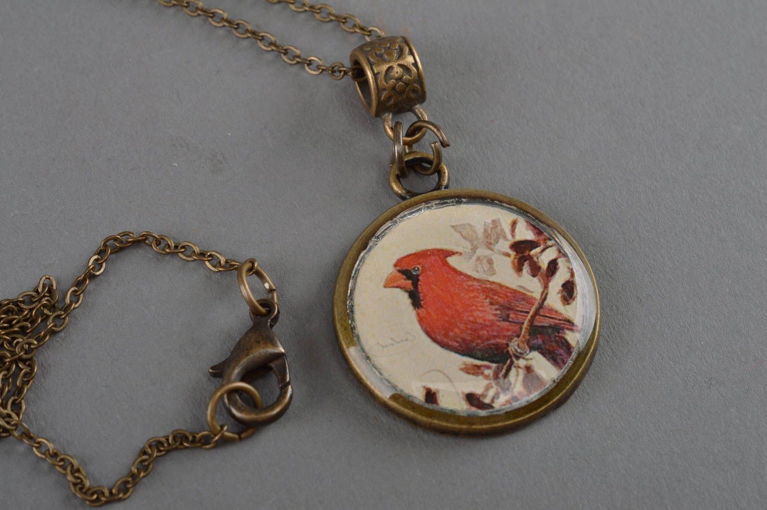 Unusual beautiful handmade designer decoupage neck pendant with long chain Bird photo 2
