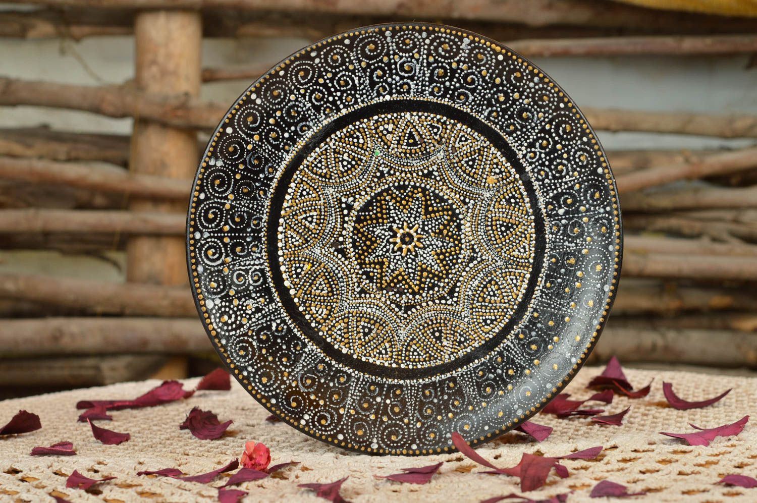 Handmade decorative black ceramic painted ceramic wall plate with rich ornament photo 1