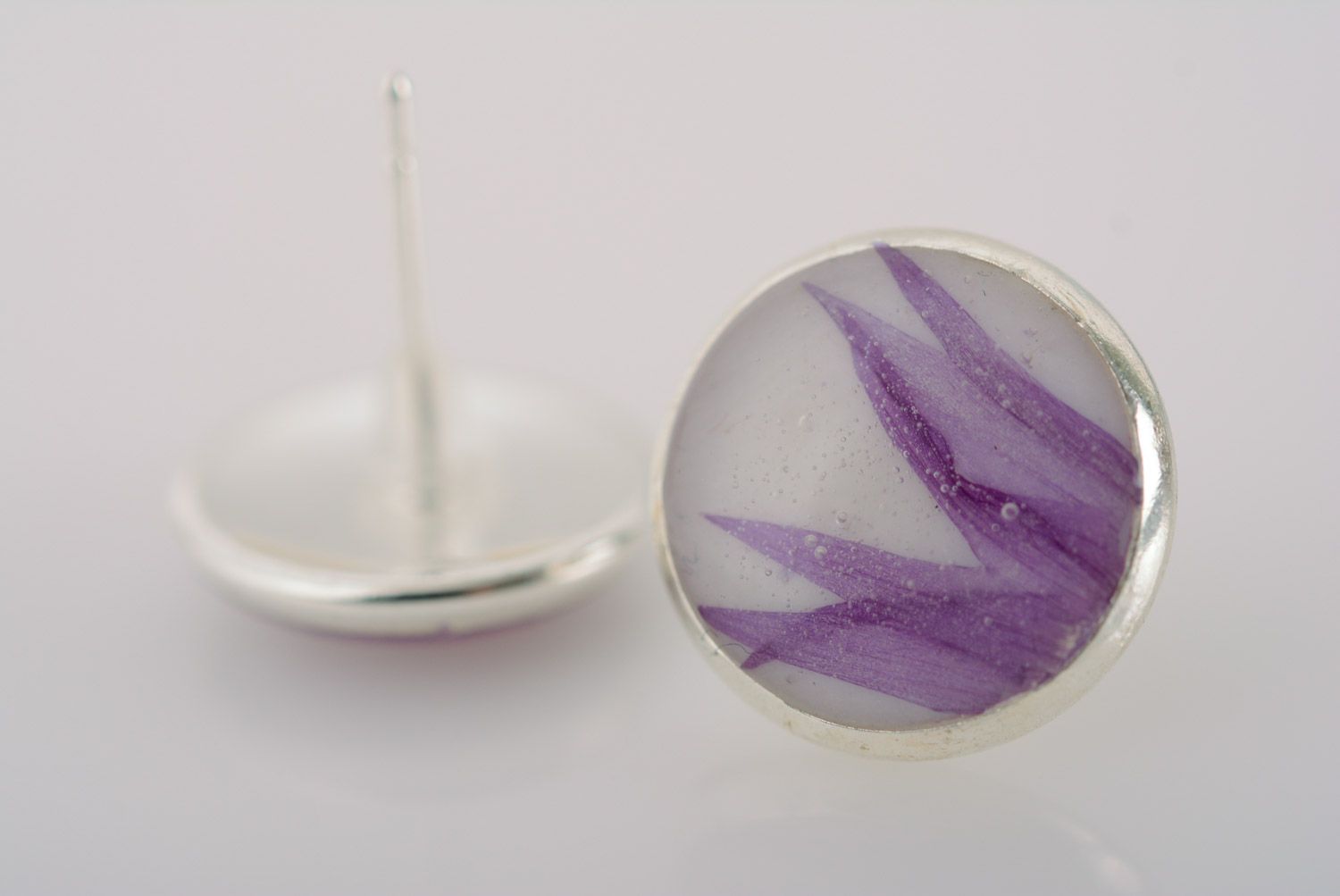 Small tender blue stud earrings with dried flowers in epoxy resin homemade photo 4