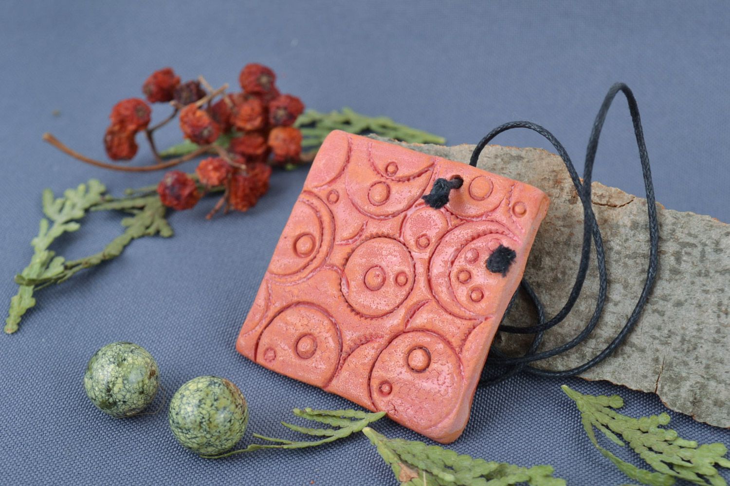 Handmade square ceramic pendant painted with acrylics with relief ornaments photo 1