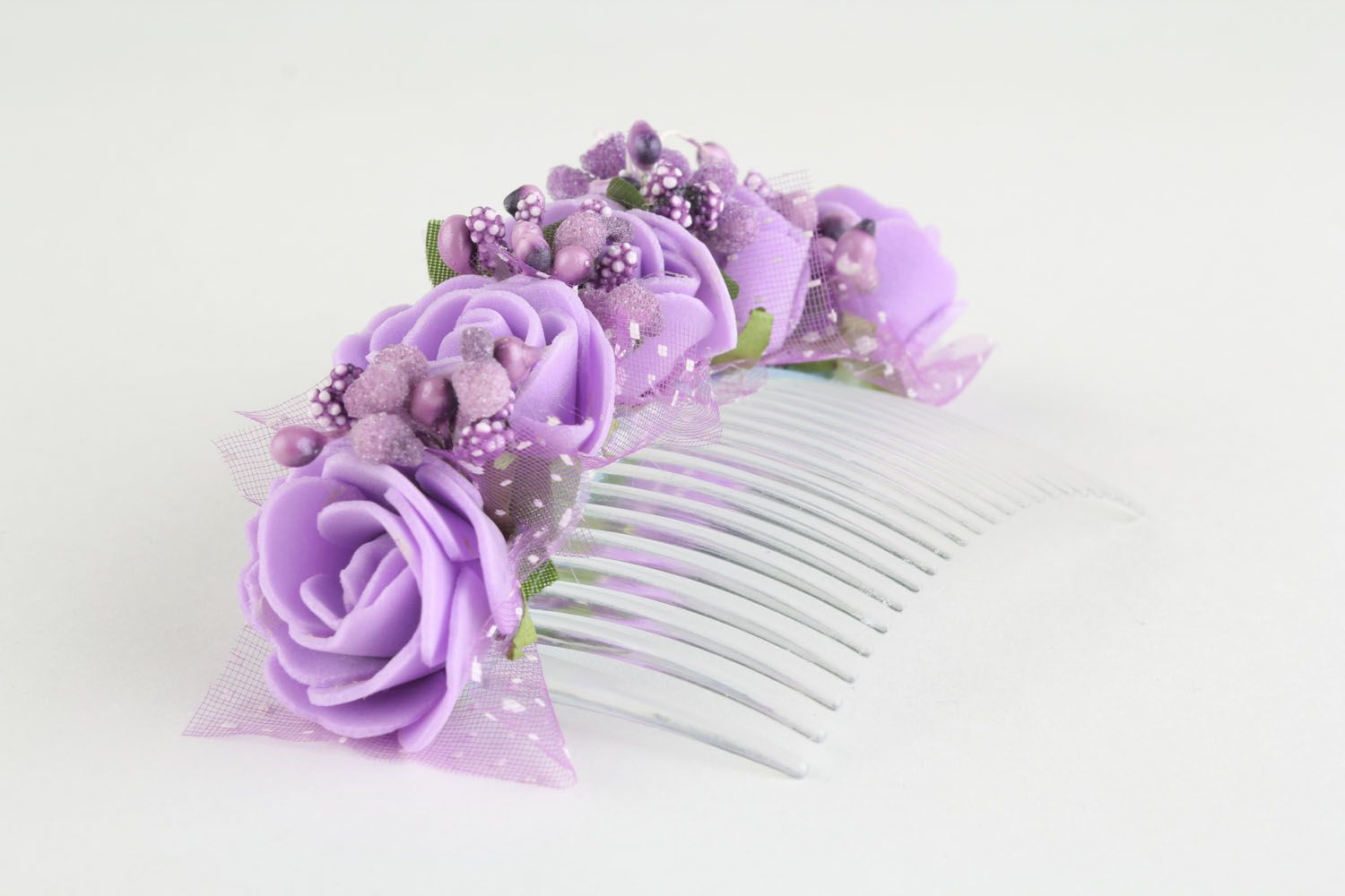 Peigne à cheveux en plastique violet fleurs fait main photo 2