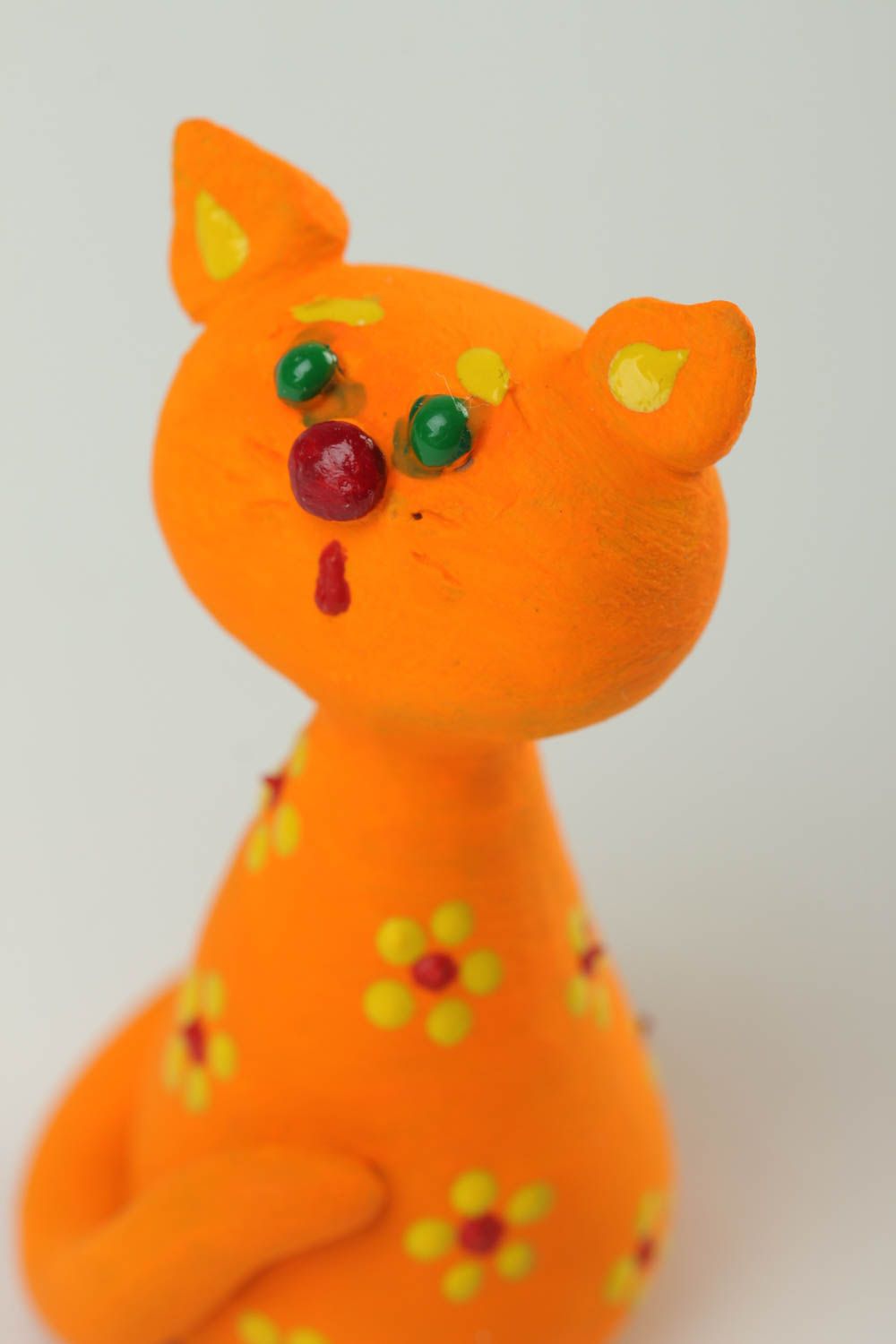 Figurine chat orange Statuette déco en argile peinte fleurs Déco maison photo 3