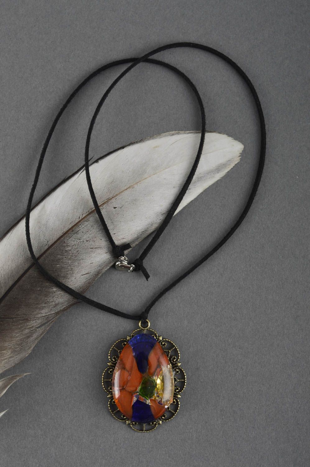 Handmade designer glass pendant unusual colorful jewelry cute accessory on lace photo 1