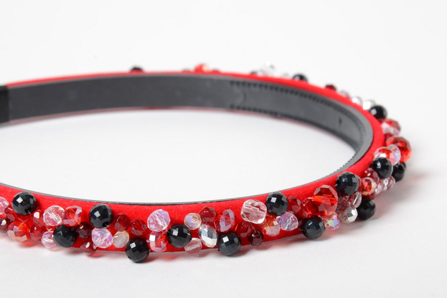 Festive narrow velvet fabric headband of red color handmade photo 3