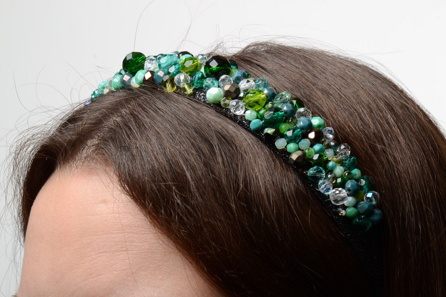 Festive handmade leather headband with beads of green color photo 1