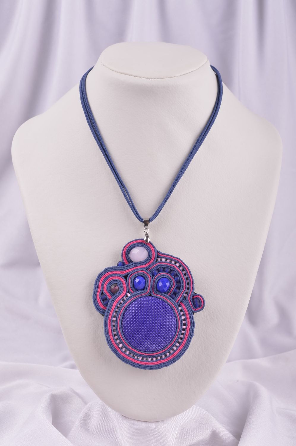 Stylish handmade beaded pendant textile necklace soutache jewelry gifts for her photo 1