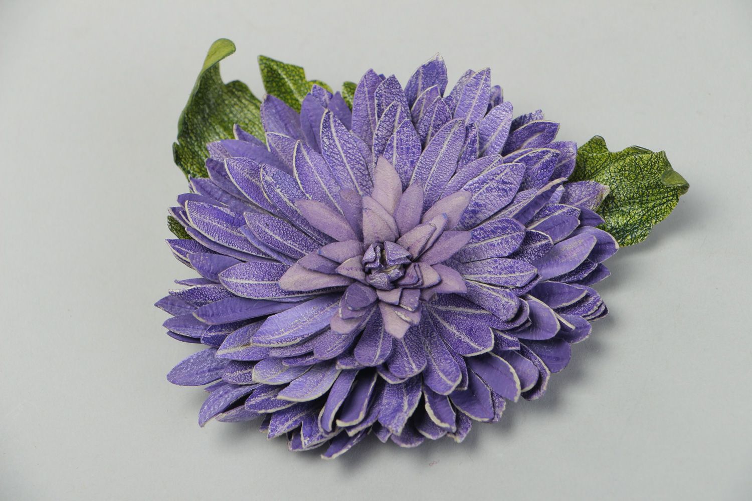 Handmade large genuine leather flower brooch of violet color photo 1