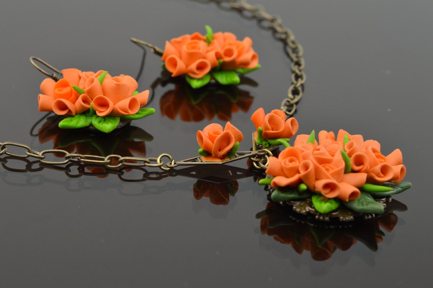Polymer clay floral jewelry set of 2 items handmade earrings and pendant on chain photo 3