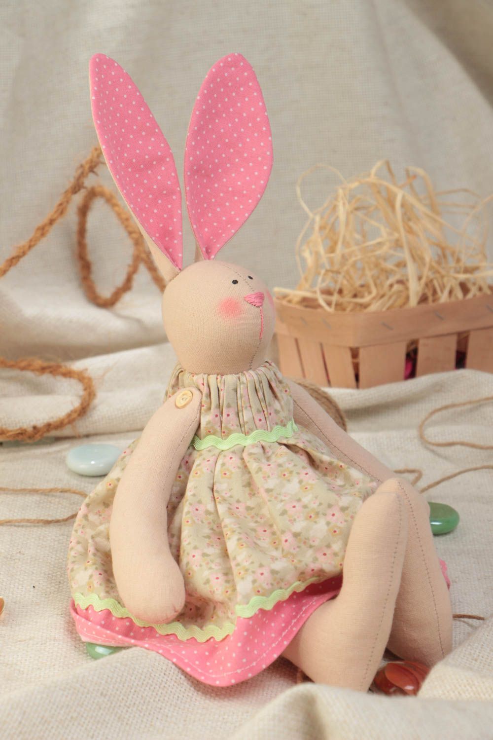 Handmade designer fabric soft toy rabbit girl with pink ears in floral dress  photo 1
