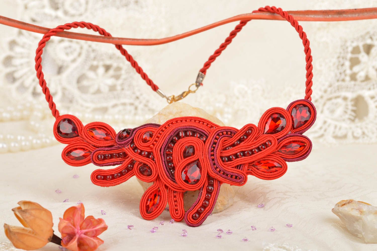 Beautiful handmade red massive textile soutache necklace with beads for women photo 1