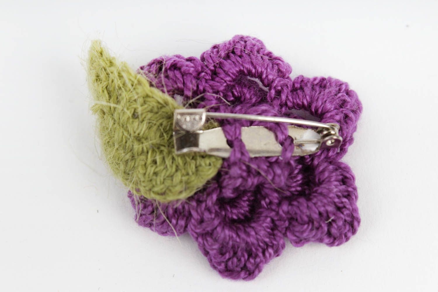 Handmade designer textile brooch crocheted flower brooch violet jewelry photo 5