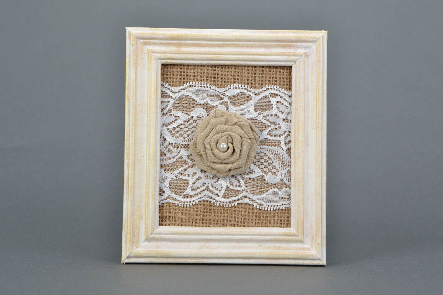 Handmade square wall panel on burlap basis in wooden frame with fabric rose photo 3