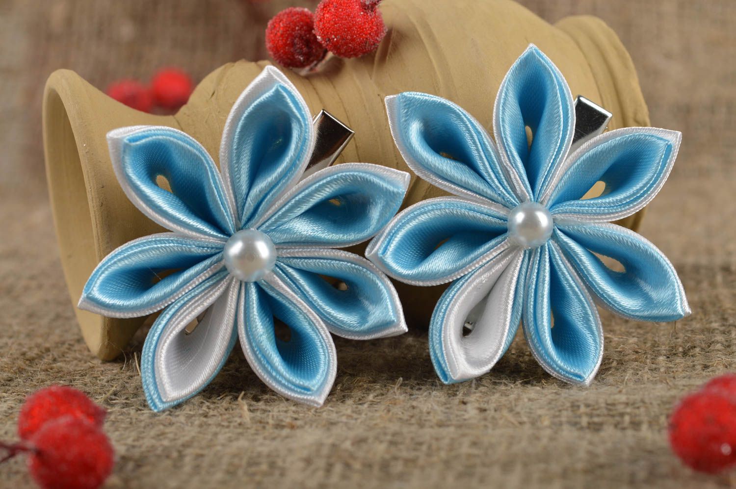 Handmade textile flower barrette hair clip 2 pieces designer hair accessories photo 1