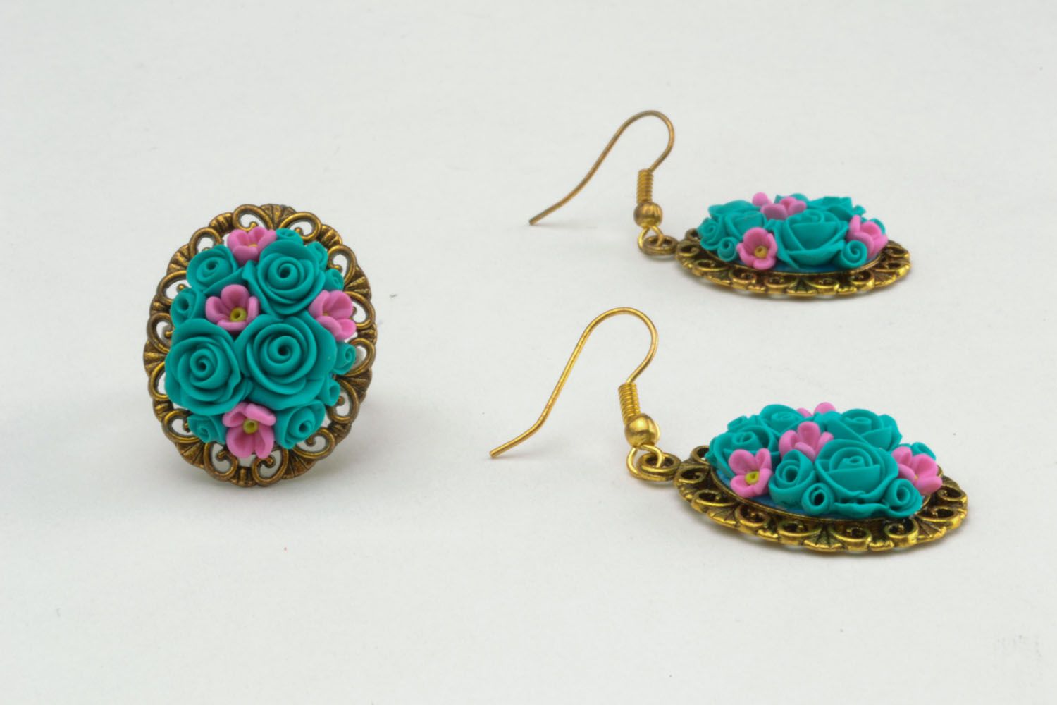 Vintage polymer clay ring and earrings photo 3