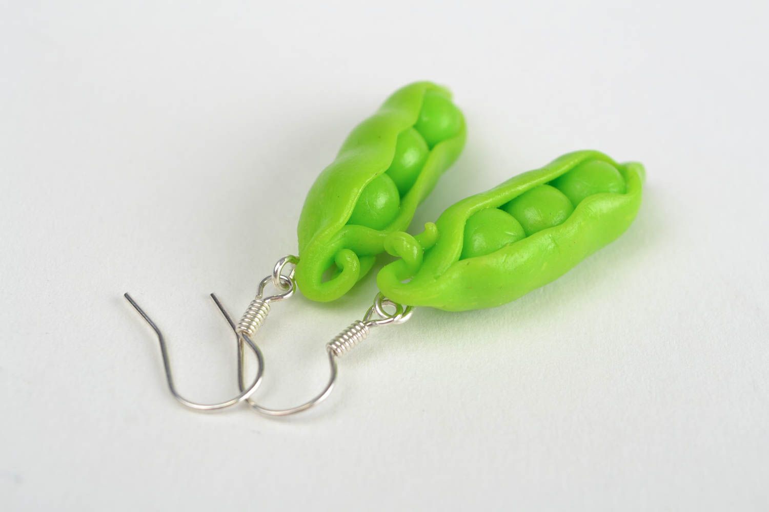 Unusual handmade polymer clay earrings of lime color Pea Pods photo 5