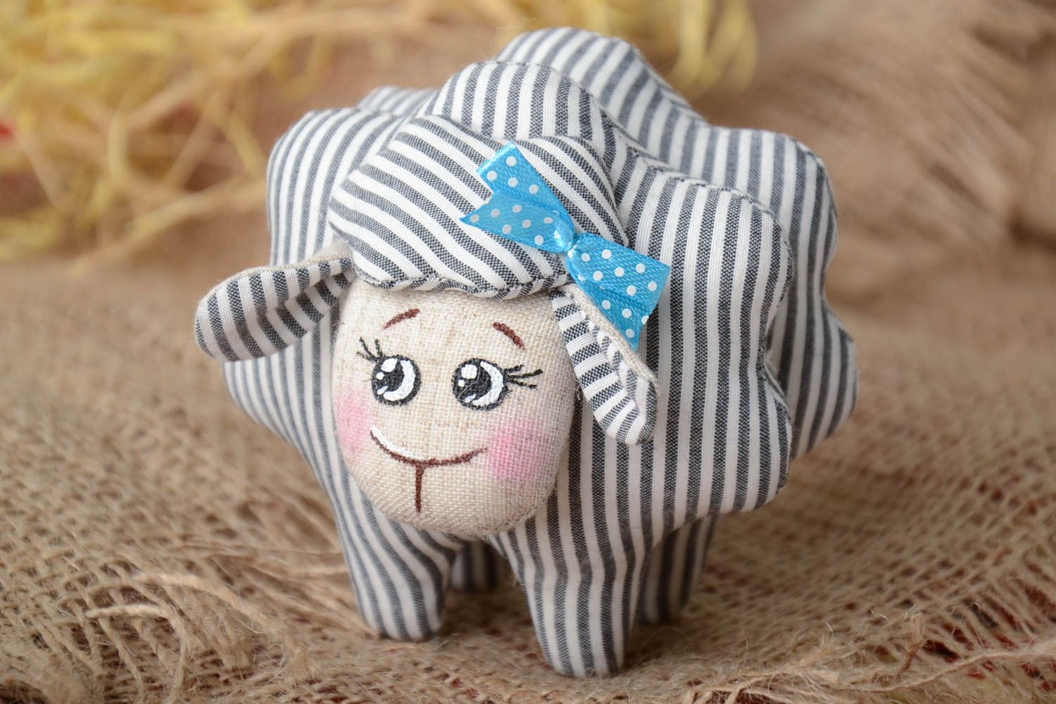 Handmade small soft toy sewn of striped linen fabric painted with acrylics Lamb photo 1