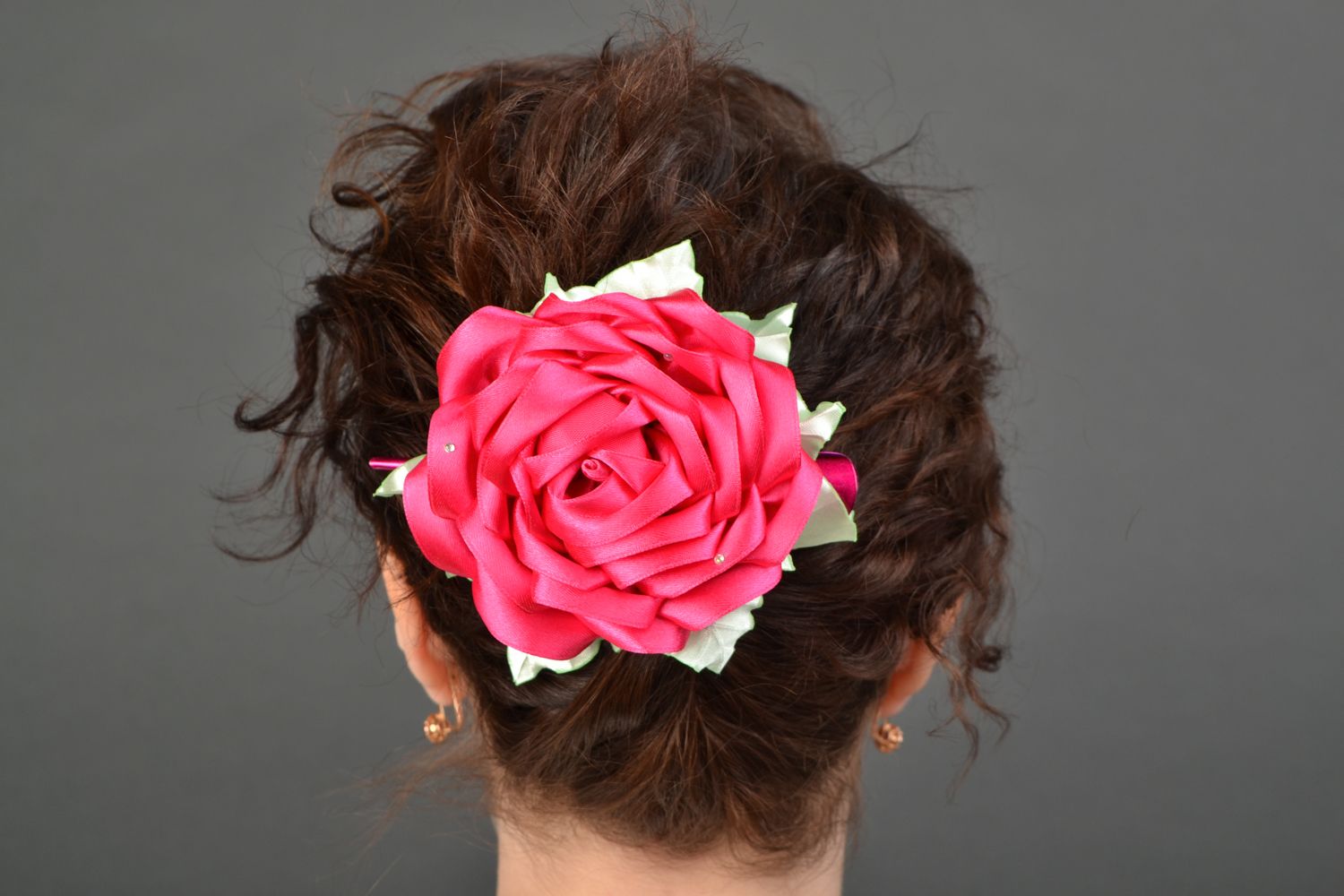 Handmade hair clip in the shape of pink rose photo 2