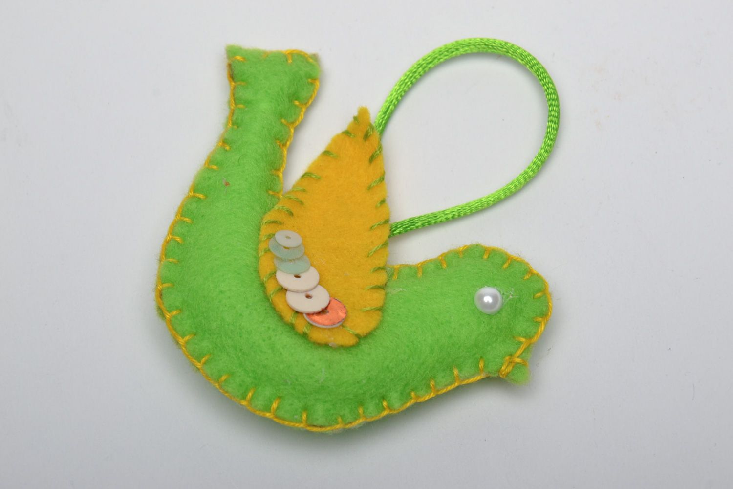 Handmade interior soft decoration sewn of fleece in the shape of bird of green color photo 3