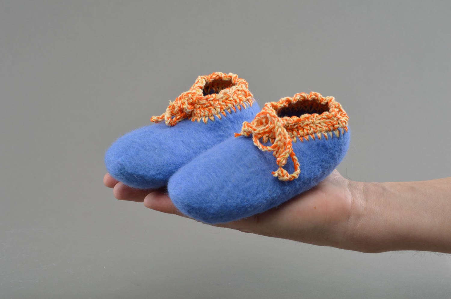 Handmade bright blue felted woolen baby booties with crocheted over edges photo 4