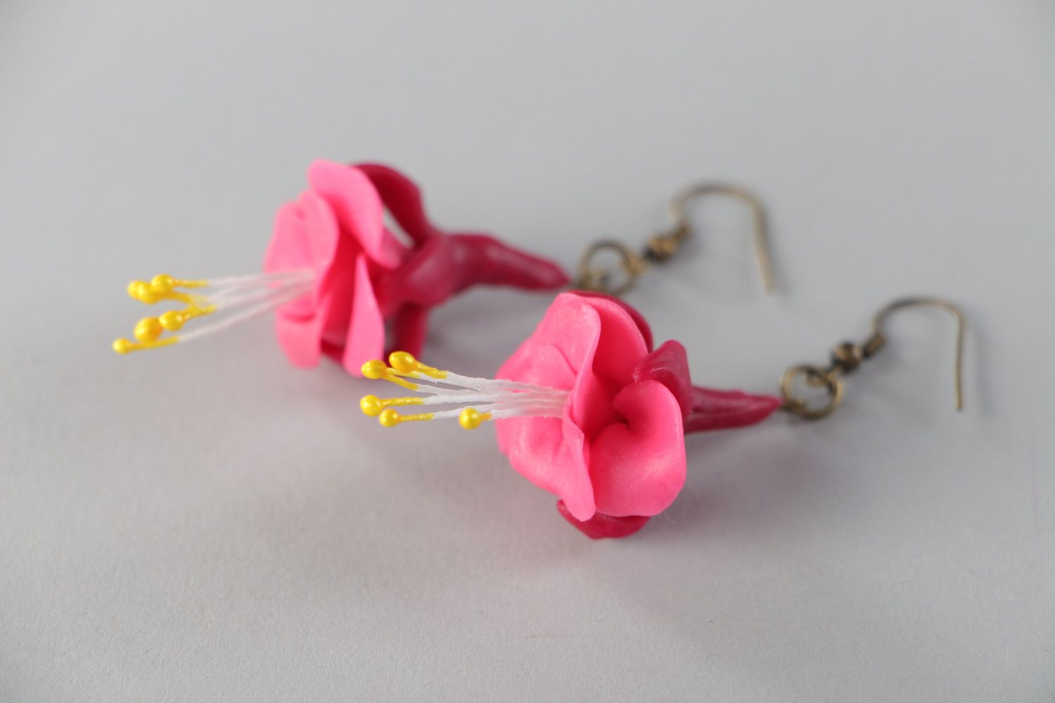 Bright pink handmade floral dangle earrings molded of polymer clay for women photo 2