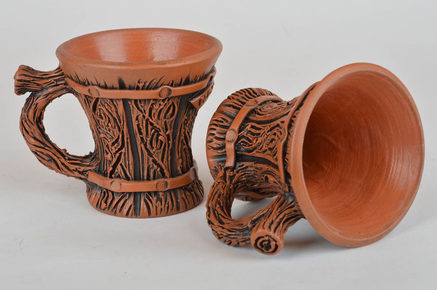 Set of 2 two clay 3 oz coffee cups with fake wood pattern and handles photo 5