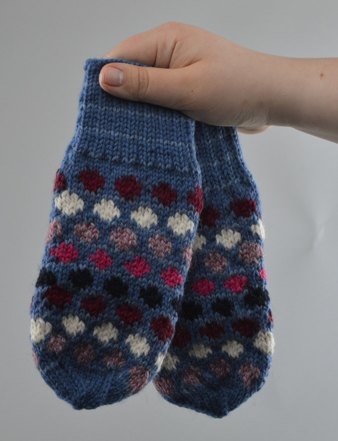 Homemade blue wool knit women's mittens with colorful polka dot pattern  photo 3