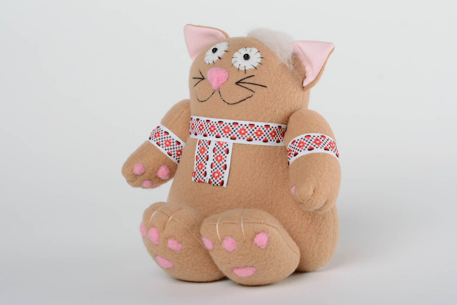 Handmade fleece fabric soft toy brown cat with ornamented braid for children photo 1