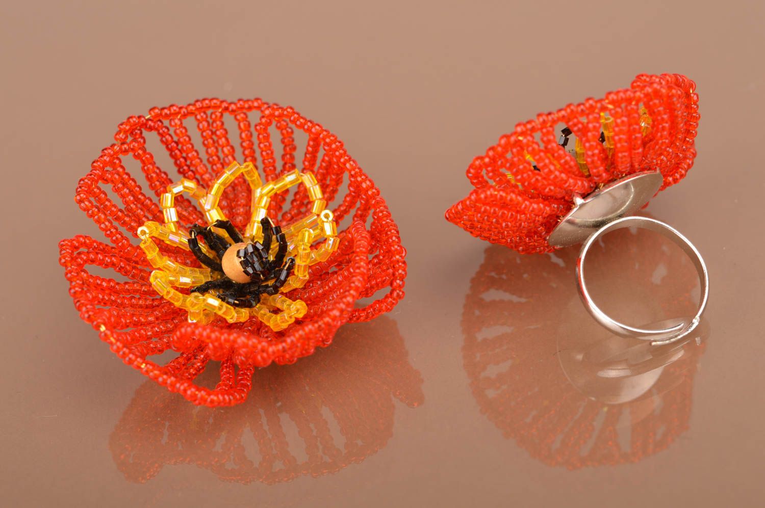 Set de bijoux en perles de rocaille broche et bague orange faits main pour femme photo 5