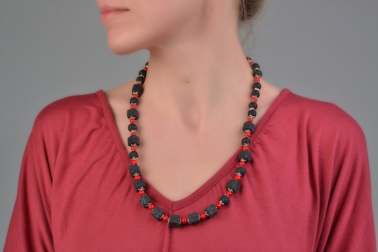 Handmade jewelry set with lava and coral 2 items necklace and dangling earrings photo 2