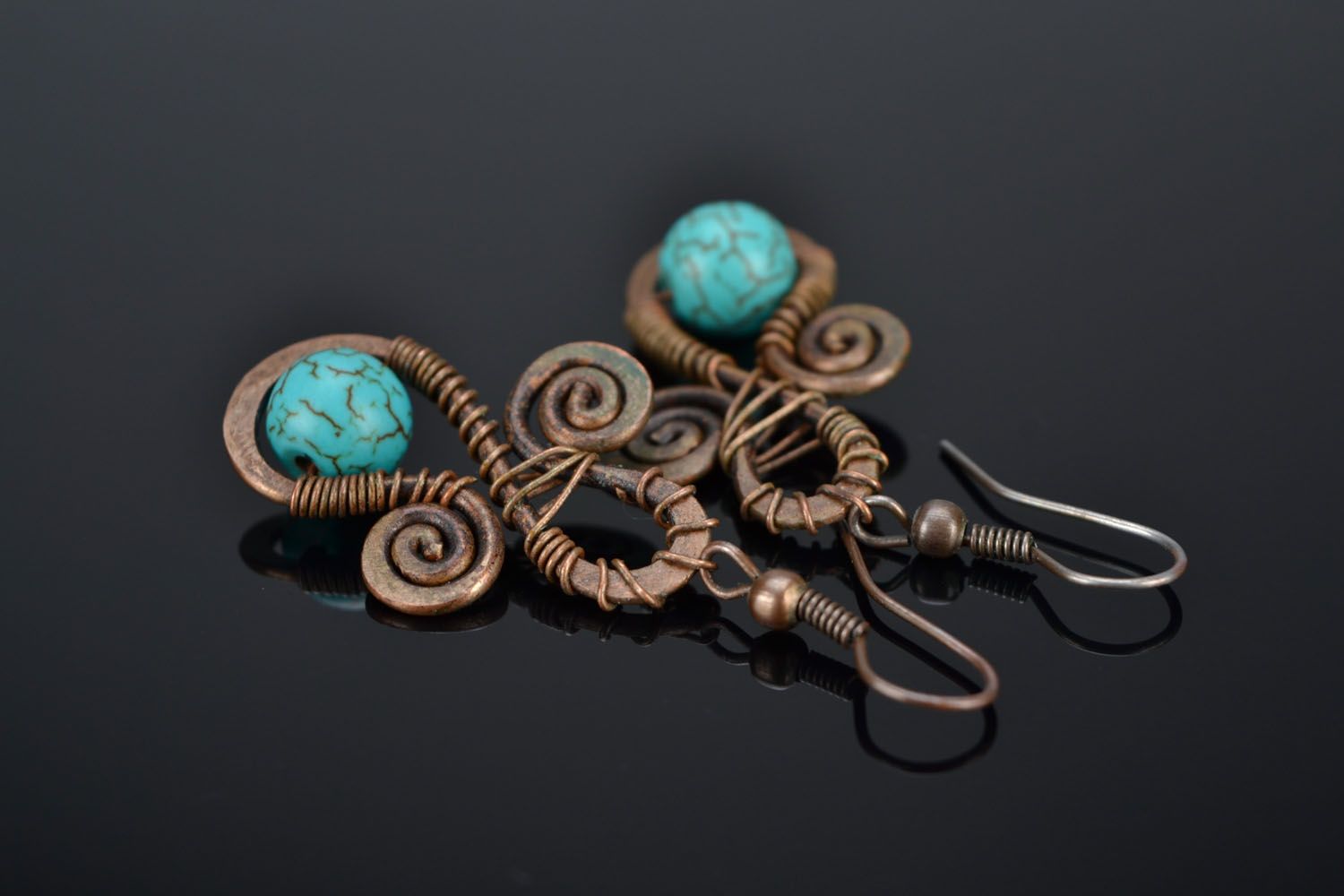 Copper earrings with turquoise photo 1