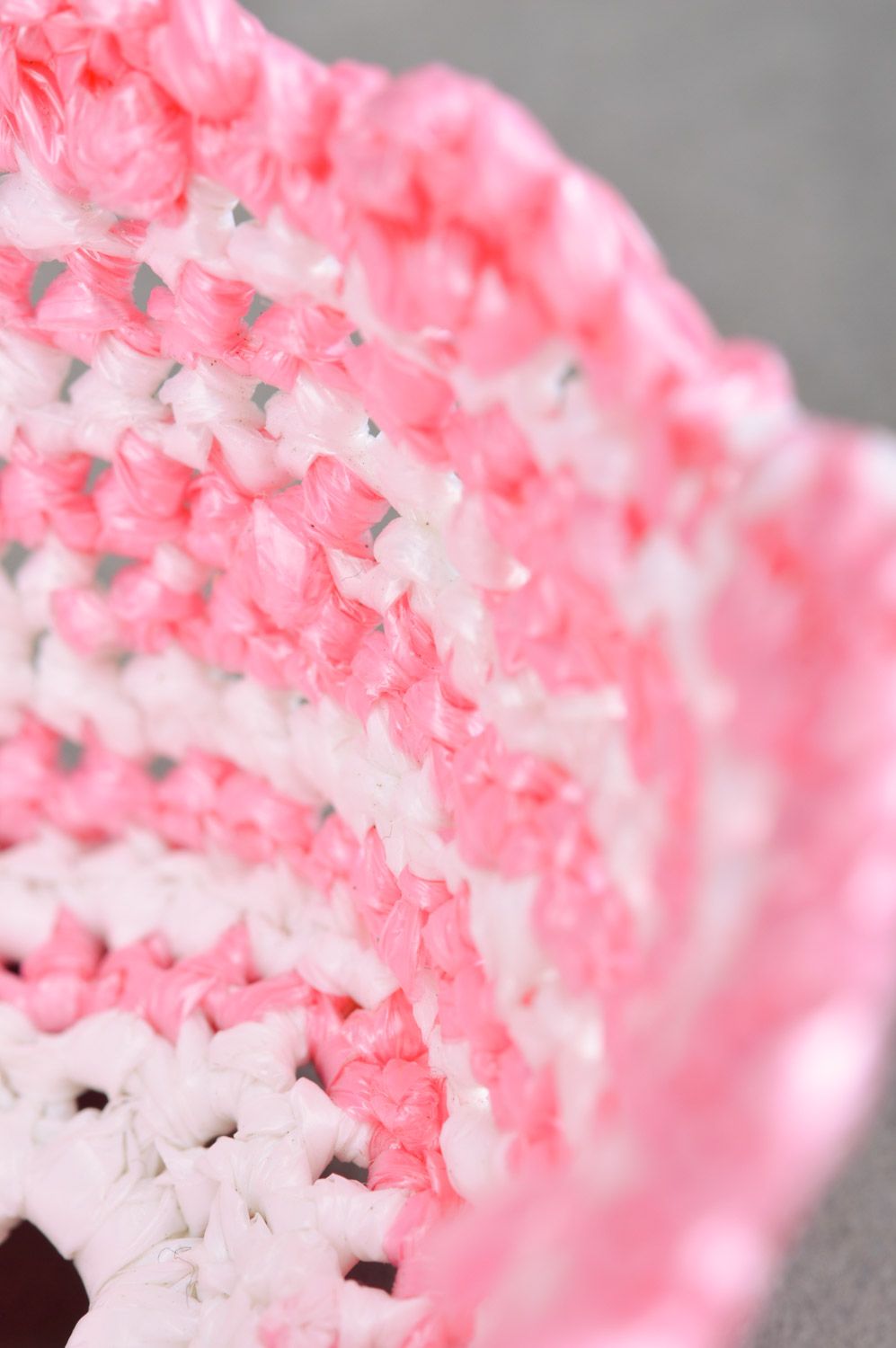 Handmade Easter egg stand crocheted of plastic threads in pink and white colors photo 4