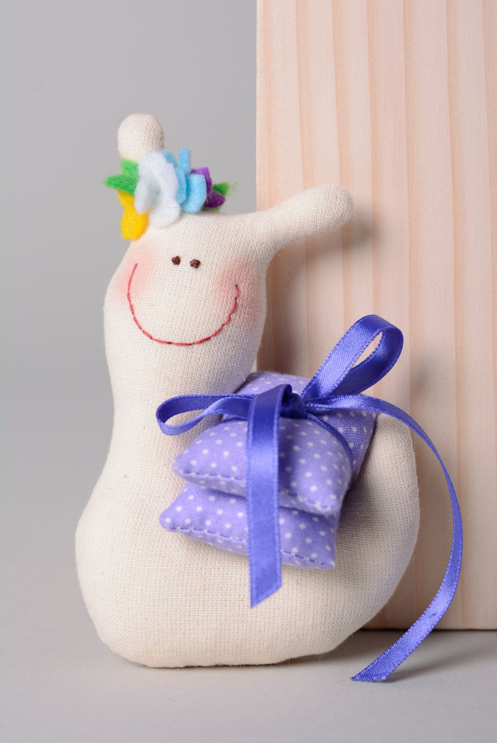 Handmade soft toy sewn of linen and cotton in the shape of snail with pillows photo 1