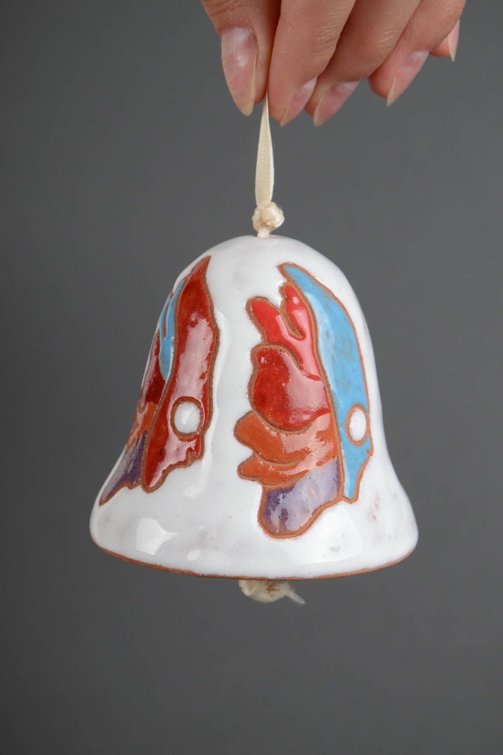 Original handmade white clay bell with paintings  photo 5