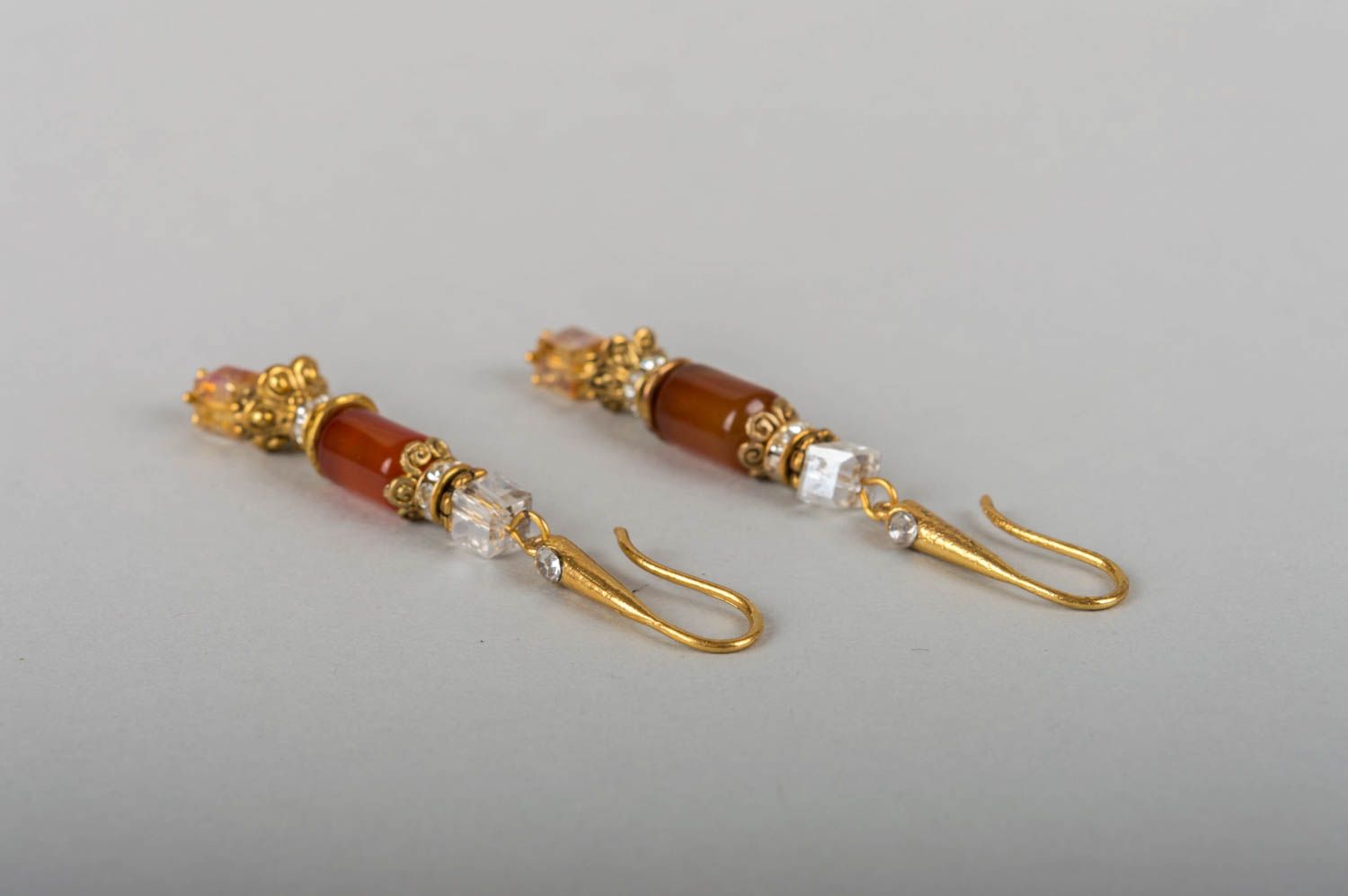 Beautiful stylish handmade designer long brass earrings with agate beads photo 3