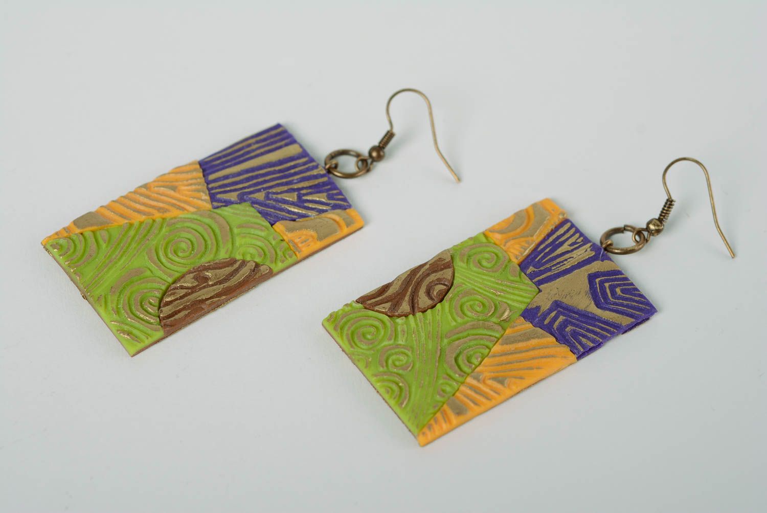 Handmade long earrings with charms made of polymer clay beautiful rectangular accessory photo 1