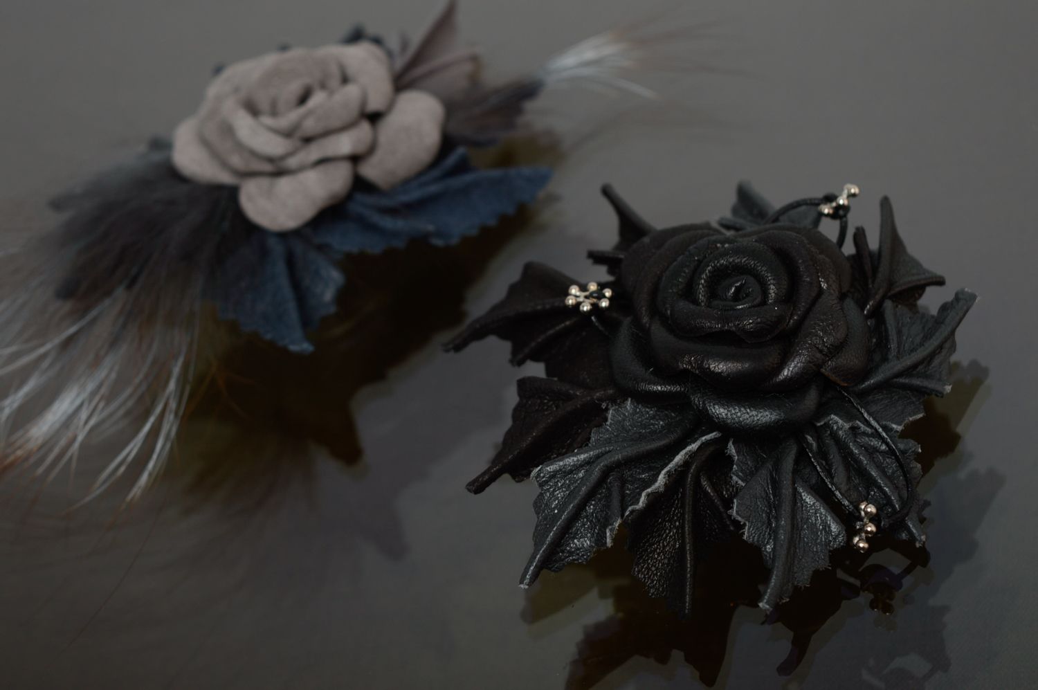 Handmade genuine leather brooch-hair clip Black Rose photo 5
