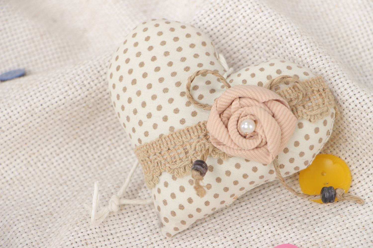 Handmade soft polka dot fabric heart with flower for interior decoration  photo 5
